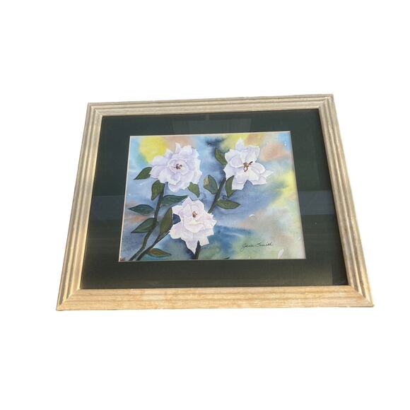 Vintage Framed Watercolor Floral Study “White Wild Rose” Artist Janie Smith